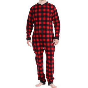 SLEEPYHEADS Men's Red Black Buffalo Check One Piece Pyjamas Loungewear US L